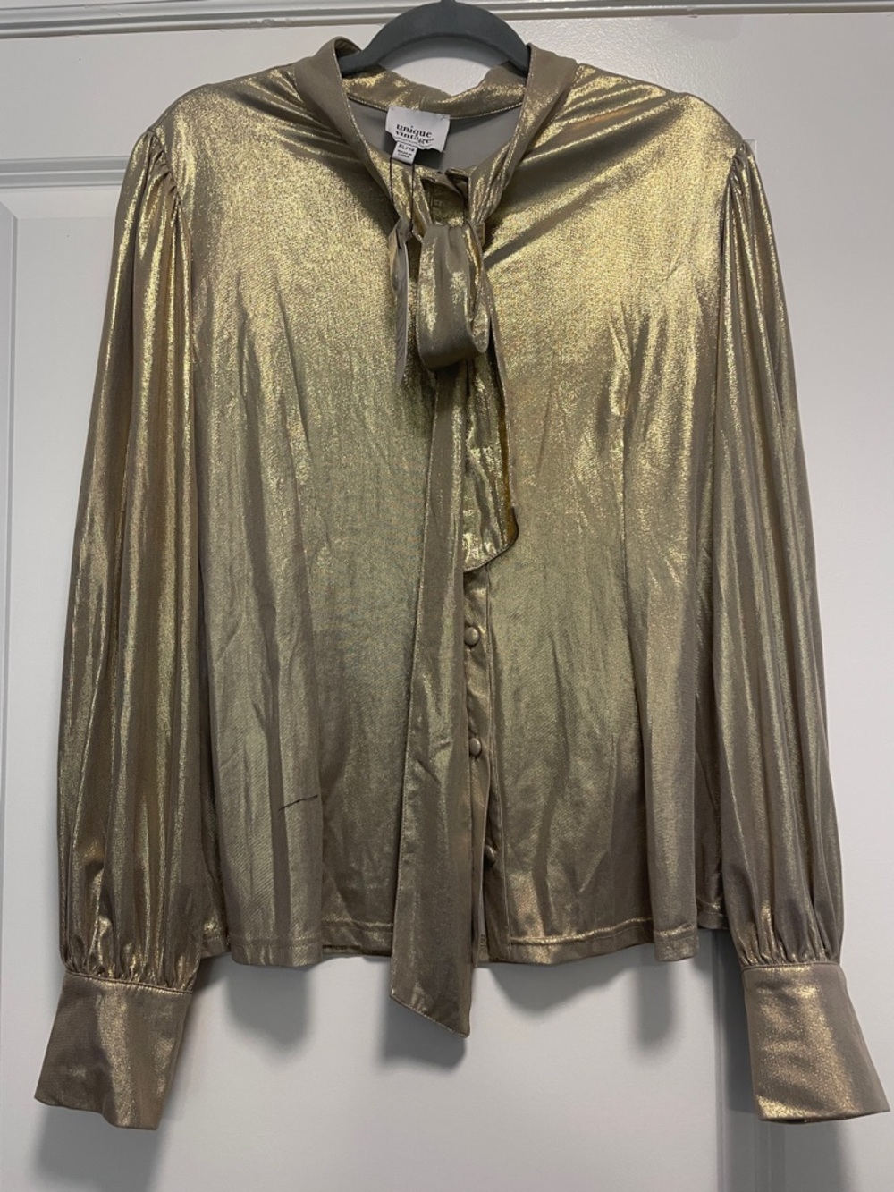 Unique Vintage Metallic Gold Tie-Neck Blouse